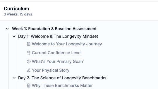 A program's curriculum in Thrive, laid out by week and day