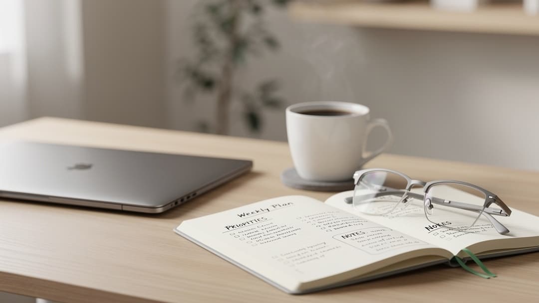 An open notebook with a structured weekly career plan on a sunlit desk