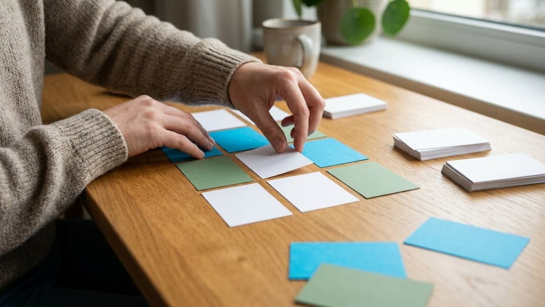Hands arranging blank index cards on a wooden desk to build a structured plan