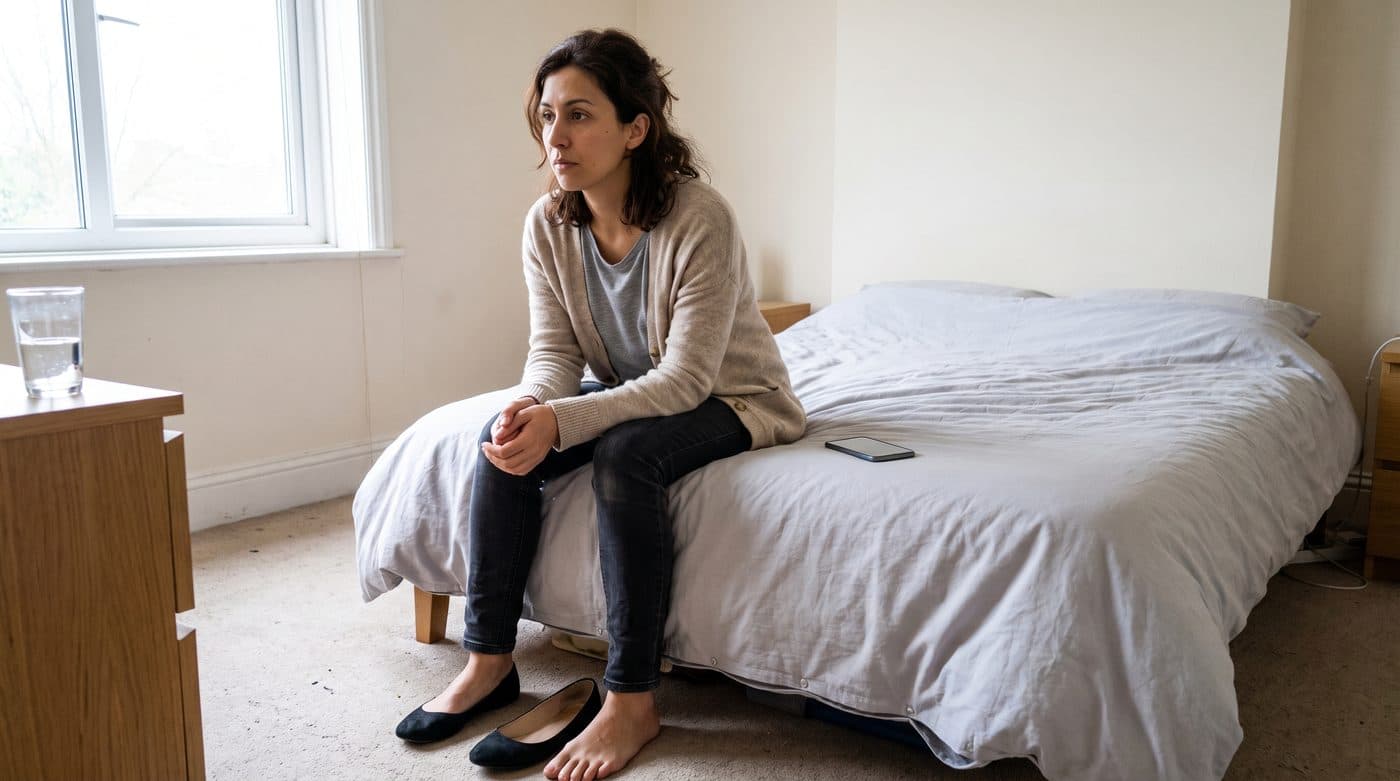 A woman in a cardigan sits on the edge of a made bed in grey morning light, hands in her lap, looking across the room at nothing.