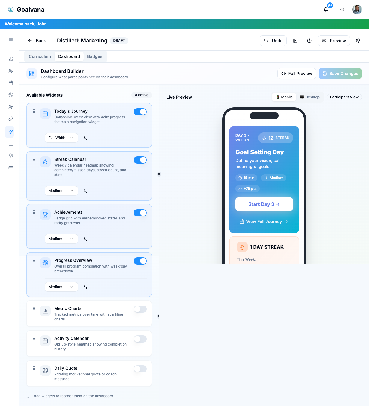 Goalvana Program Builder interface showing adaptive program design