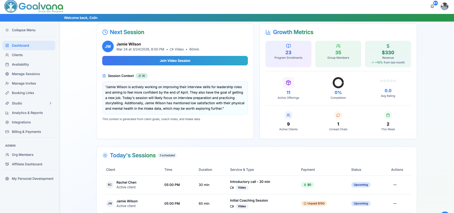 Goalvana coach dashboard with AI session prep, growth metrics, and today's sessions in one view