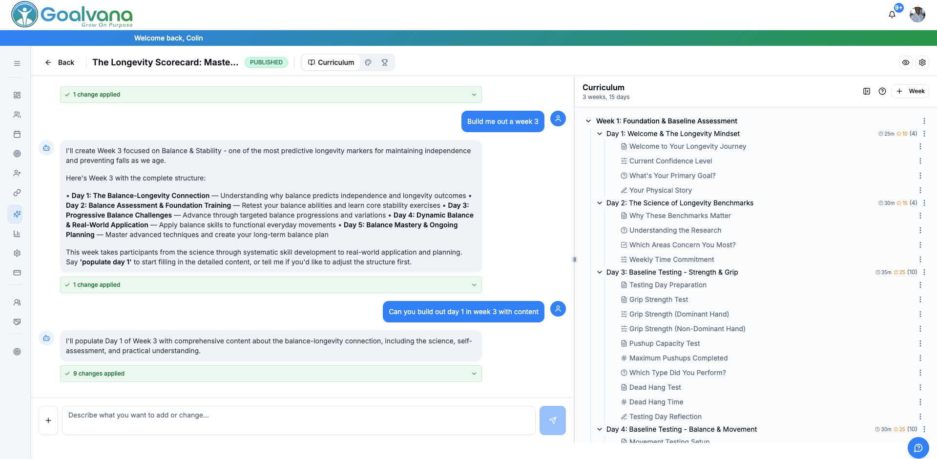Goalvana Program Builder showing AI-generated curriculum structure
